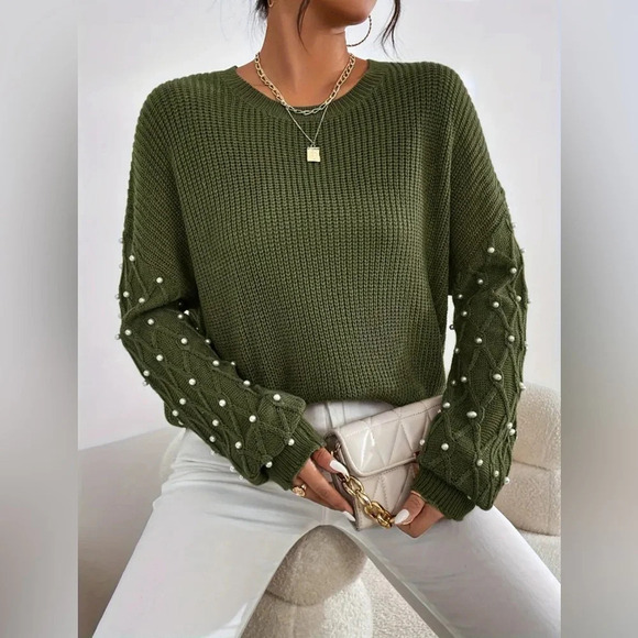 Beaded Crew Neck Pullover Sweater (2 colors) - Picture 2 of 5